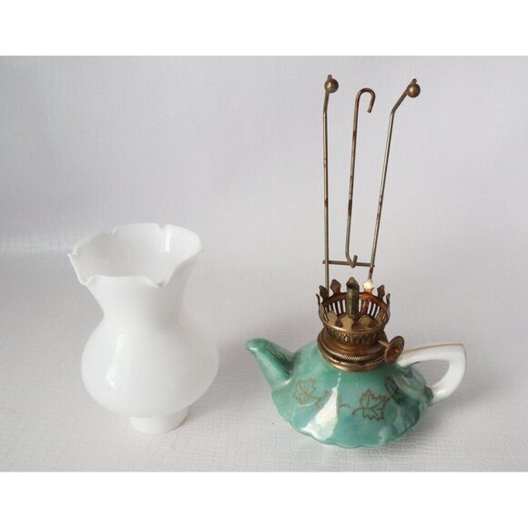 Vintage Souvenir Miniature Oil Lamp With Plate Royal Mounted Police Lusterware - Picture 8 of 10